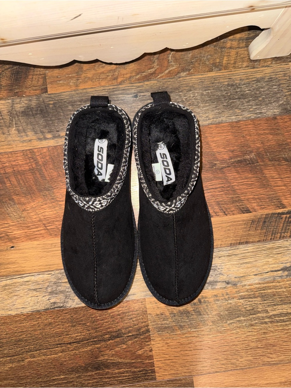 Soda Black Faux-Suede Slip-On Slippers with Patterned Collar